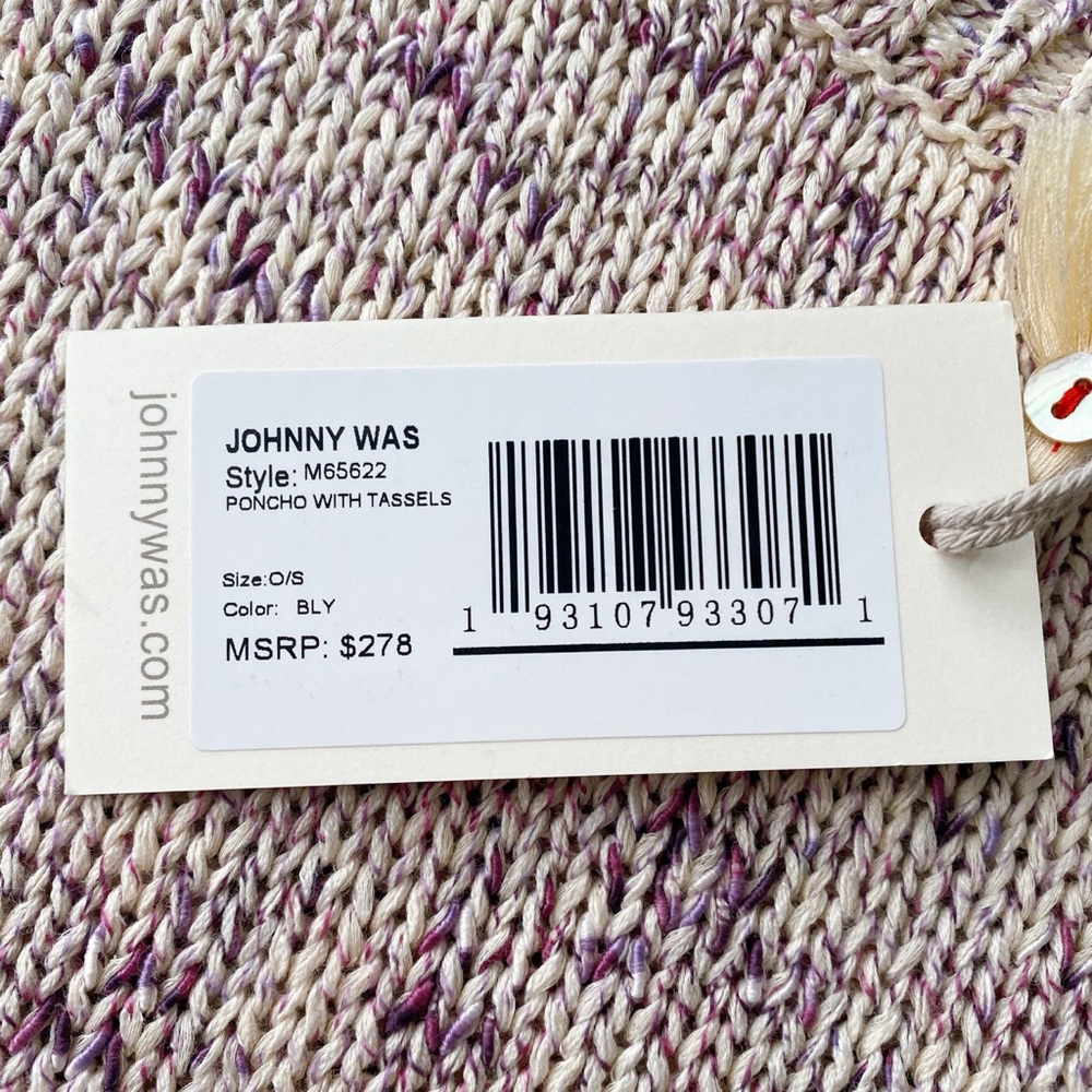 πΎ JOHNNY WAS BOHO KNIT CREAM PURPLE LOOSE FIT PONCHO WITH TASSELS! - Picture 8 of 13